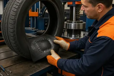 Mecânico trabalhando na vulcanização de um pneu em uma borracharia.