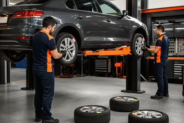Profissional realizando rodízio de pneus em um veículo.